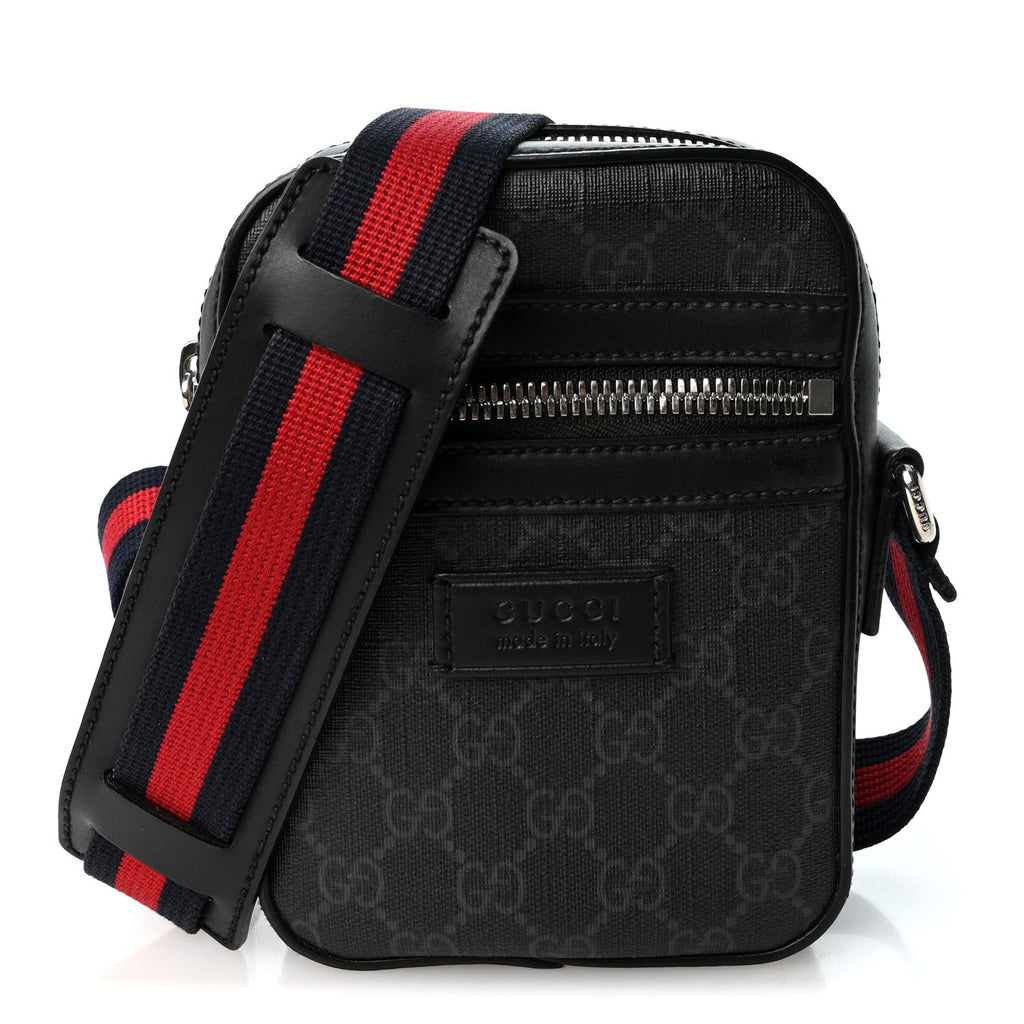 GG Supreme Monogram Appia Calfskin Web Small Camera Messenger Bag Black Grey