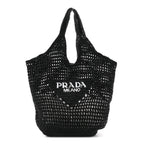 Yarn Raffia Effect Crochet Logo Embroidered Shopping Tote Bag Black