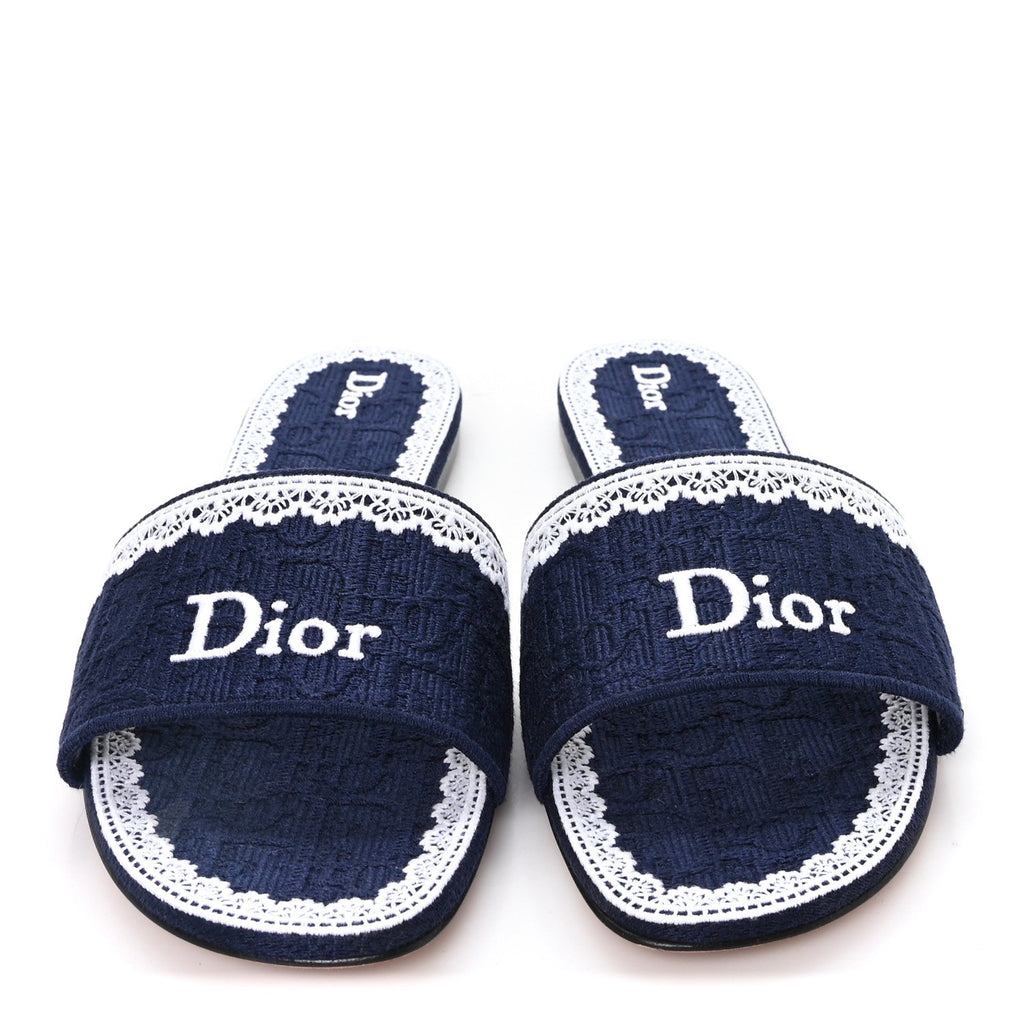 Oblique Embroidered Cotton Lace Dentelle Flat Slide Sandals 39 Navy Blue White