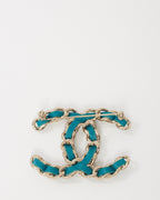 Chanel Silver Metal and Turquoise Blue Leather and Pearl Interwoven CC Logo Brooch