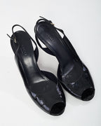 Gucci Vintage Black Patent Leather and GG Logo Tortoise Wedges - 40.5