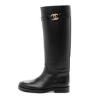 Calfskin CC Buckle High Boots 38 Black